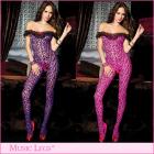 両肩もろ魅せ・豹柄ボディストッキング/ボンテージ/セクシー パープルブラック　レッド ワンサイズ