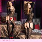 フローラルレースとフィッシュネットの素敵なコラボボディストッキング ブラック ワンサイズ