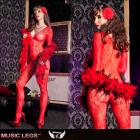 ボディスト/エレガントなディープVネックレースの長袖ボディストッキング　レッド ワンサイズ